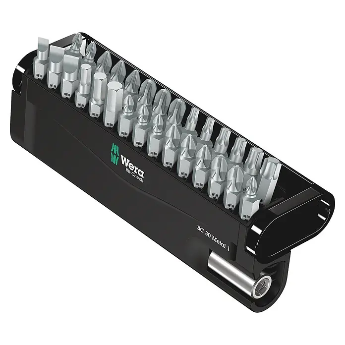Wera Bit-Set Bit-Check - 30 -tlg. - Schwarzes Wera Bit-Check Etui mit verschiedenen silbernen Schraubendreher-Bits und Bithalter.