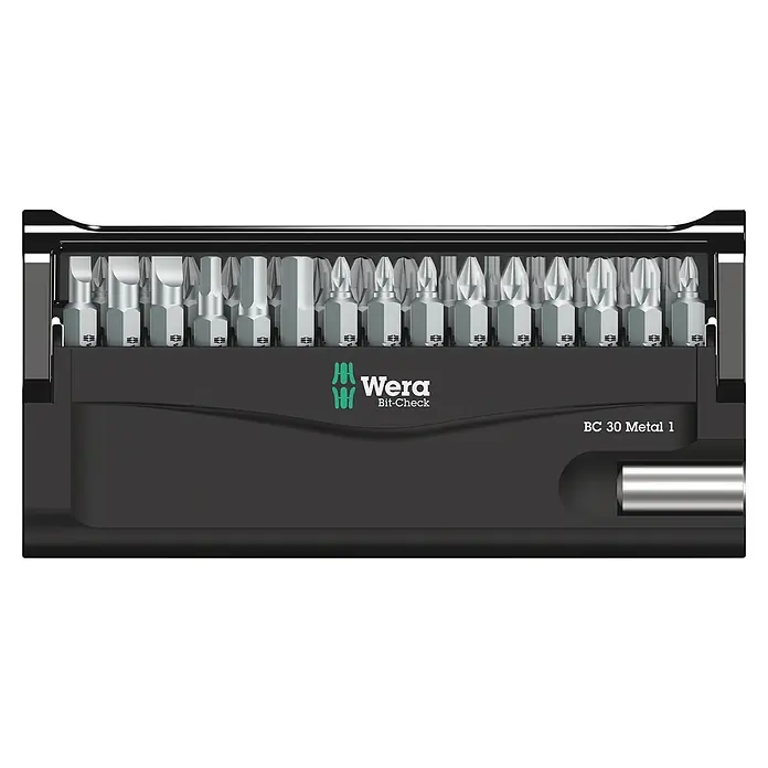 Wera Bit-Set Bit-Check - 30 -tlg. - Wera Bit-Check BC 30 Metal 1 Set mit mehreren silbernen Schraubendreher-Bits in schwarzem Gehäuse.