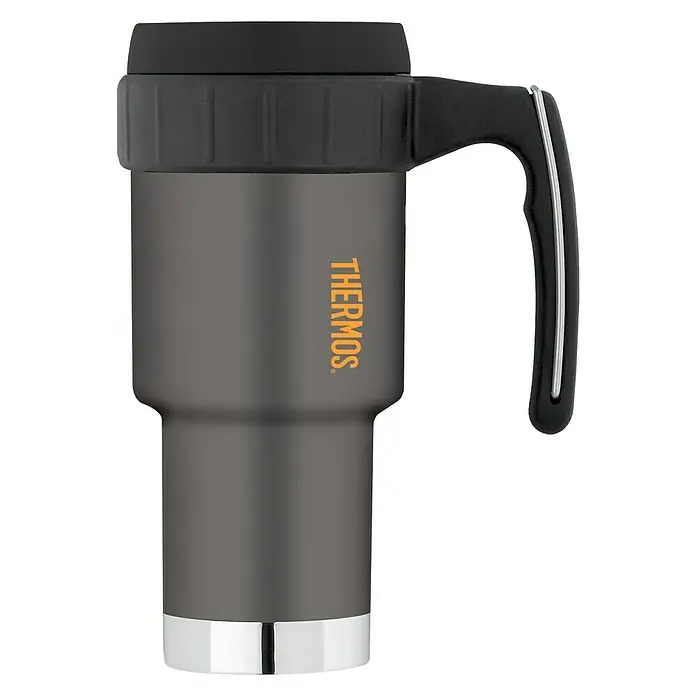 Thermos Thermo-Trinkbecher Work - Anthrazit, 0,59 l - Ein Thermosbecher aus Edelstahl mit einem schwarzen Griff und Deckel, ideal für unterwegs, hält Getränke warm oder kalt.