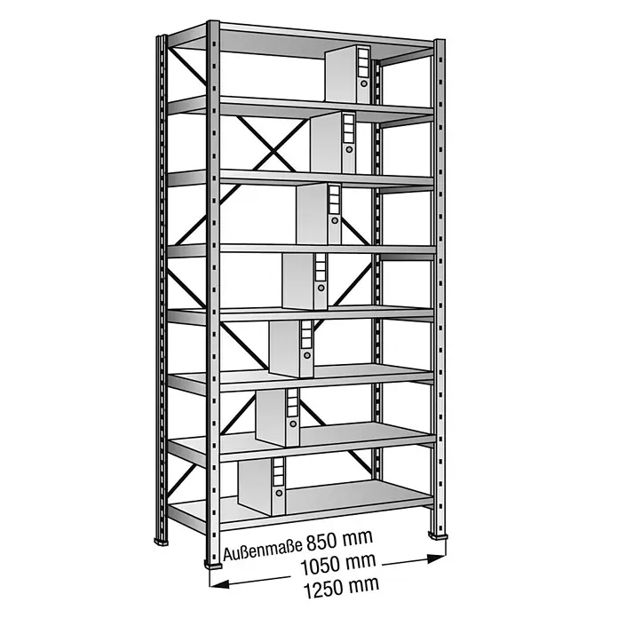 Scholz Aktenregal Grundelement - H x B x T: 264 x 105 x 30 cm, Traglast pro Boden: 80 kg, Anzahl Böden: 8 Stk., Stecken, Silber - Abbildung eines Metallregals mit sieben Fächern und Aktenordnern zur Aufbewahrung von Dokumenten und Büromaterialien.