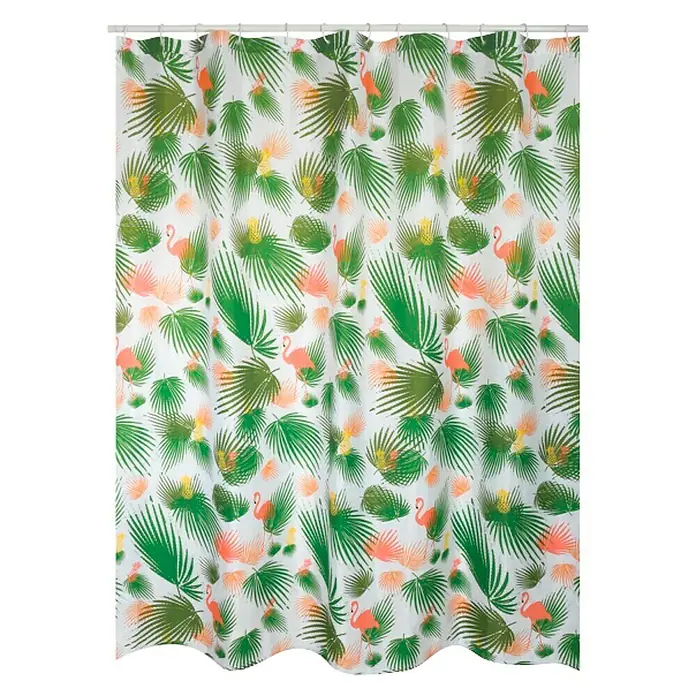 Venus Cortina de baño Amazonia - An x Al: 180 x 200 cm, Plástico, Multicolor - Cortina de ducha con diseño tropical. Presenta hojas verdes y flamencos rosas sobre fondo blanco, ideal para decoración de baño.