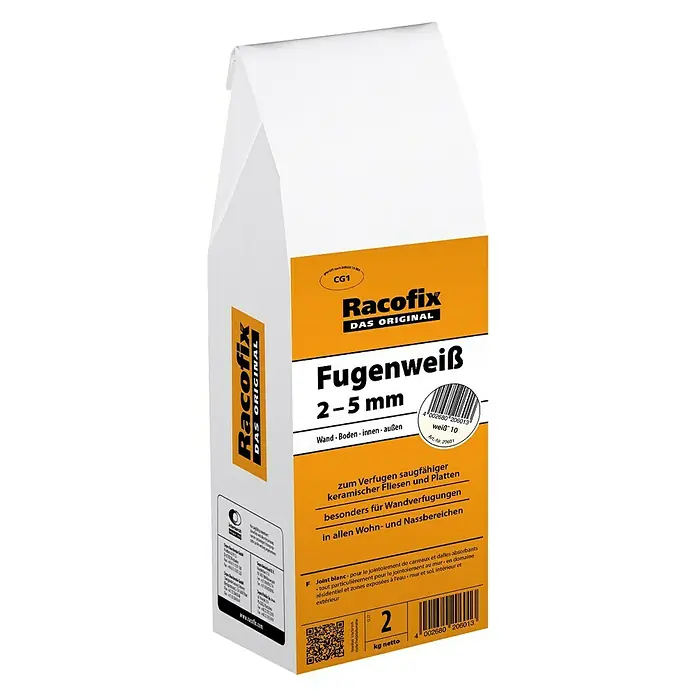 Racofix Fugenweiß - 2 kg - Aufnahme eines 2 kg Sackes Racofix Fugenweiß, ein Fugenmörtel zum Verfugen von Fliesen und Platten im Innen- und Außenbereich.