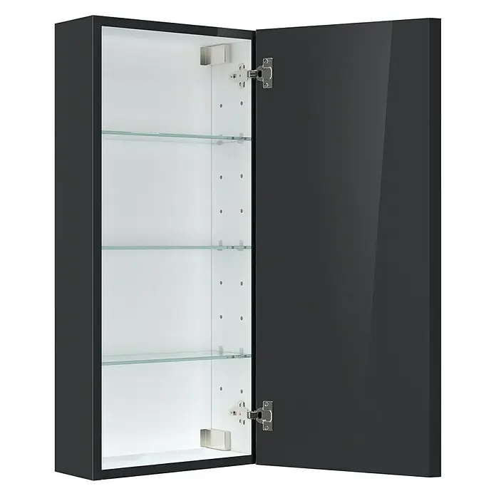 Camargue Espacio Hängeschrank - 40 x 17 x 90 cm, Gama anthrazit glänzend - Offener grauer Badezimmerschrank mit Glasböden und weißen Innenraum, der stilvollen Stauraum für Badutensilien bietet.