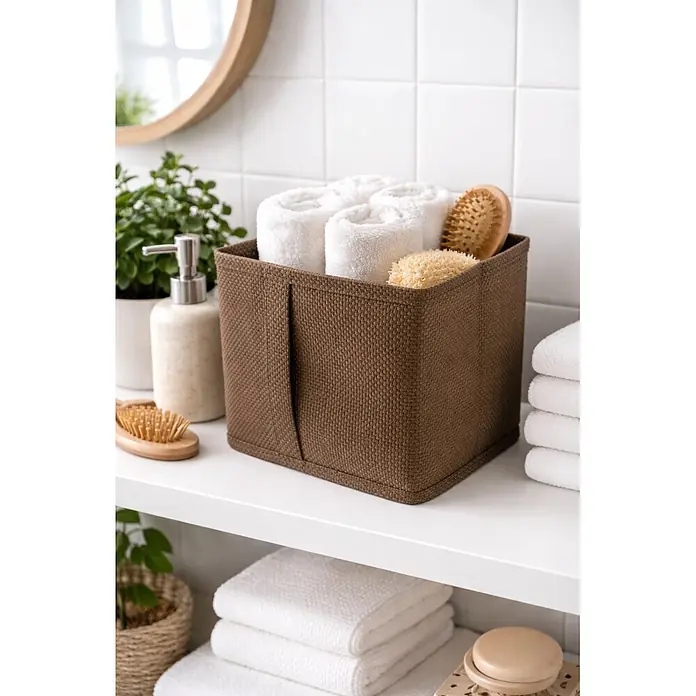 Deblanch Cesta para el baño - L x An x Al: 16 x 15 x 22 cm, Polipropileno, Marrón - Cesta de almacenamiento tejida marrón con toallas blancas enrolladas y cepillos de baño en un estante.