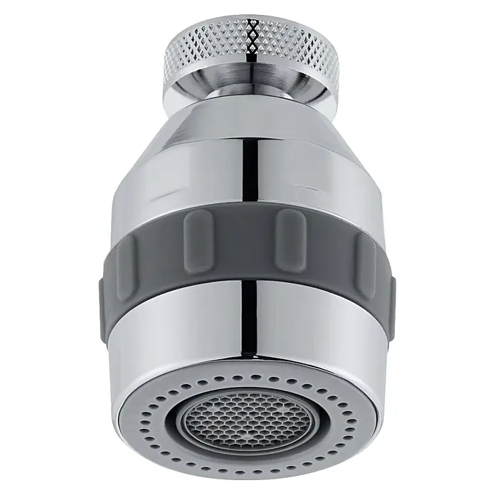 Neoperl Küchenbrause - M22/M24, Durchflussmenge: 7 l/min, Verchromt - Verchromter Wasserhahn-Belüfter mit geriffelter Oberseite, einem grauen flexiblen Band und einer Doppelsprühdüse mit Wabennetz und äußerem Lochkranz.
