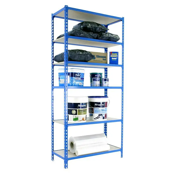 Simonrack Maderclick Metallregal Maderclick Plus - H x B x T: 250 x 100 x 30 cm, Traglast pro Boden: 150 kg, Anzahl Böden: 6 Stk., Stecken, Blau - Regal mit blauen Metallrahmen und mehreren Regalböden, gefüllt mit Farbeimern, Plastikfolien und anderen Gegenständen.