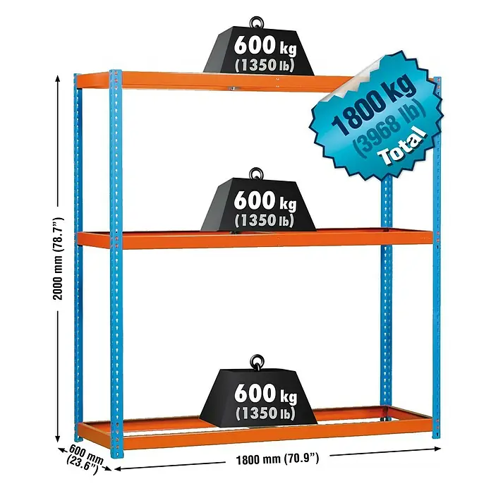 Simonrack Simonforte Estantería para cargas pesadas - Al x An x Pr: 200 x 180 x 60 cm, Número de baldas: 3 ud., Inserción, Azul/Naranja, Capacidad de carga por balda: 600 kg - Una estantería de almacenamiento de tres niveles, cargable hasta 1800 kg, con indicaciones de dimensiones y peso.