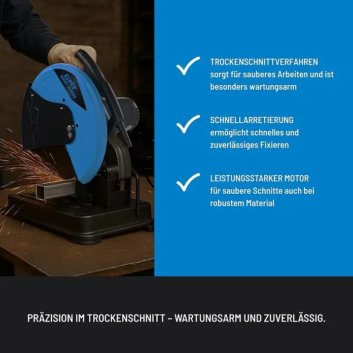Güde Trennschneider - 2.300 W, Durchmesser Sägeblatt: 355 mm, Leerlaufdrehzahl: 4.000 U/min - Blaue und schwarze Metalltrennsäge in Aktion, die ein Metallprofil mit Funken schneidet.