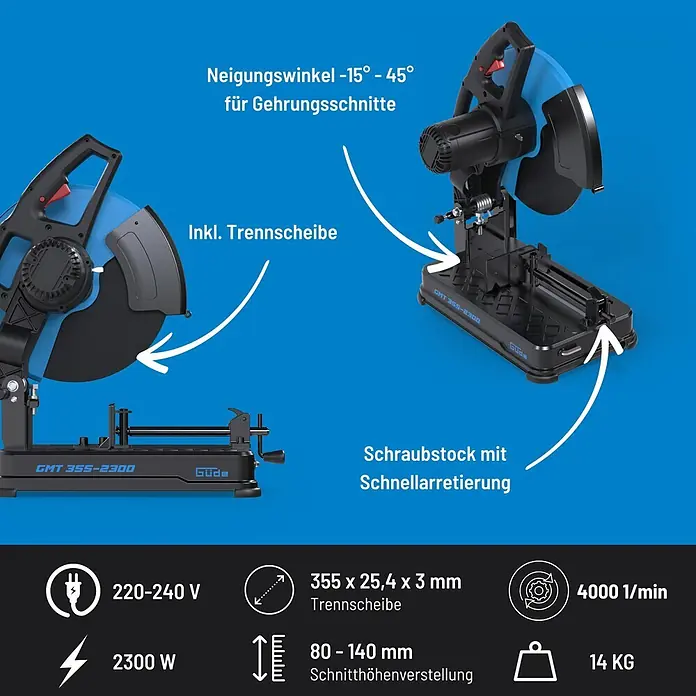 Güde Trennschneider - 2.300 W, Durchmesser Sägeblatt: 355 mm, Leerlaufdrehzahl: 4.000 U/min - Schwarze-blaue Metalltrennsäge mit Trennscheibe, Gehrungsfunktion (-15°-45°) und Schnellspannschraubstock. 2300W Leistung, 355mm Trennscheibe.