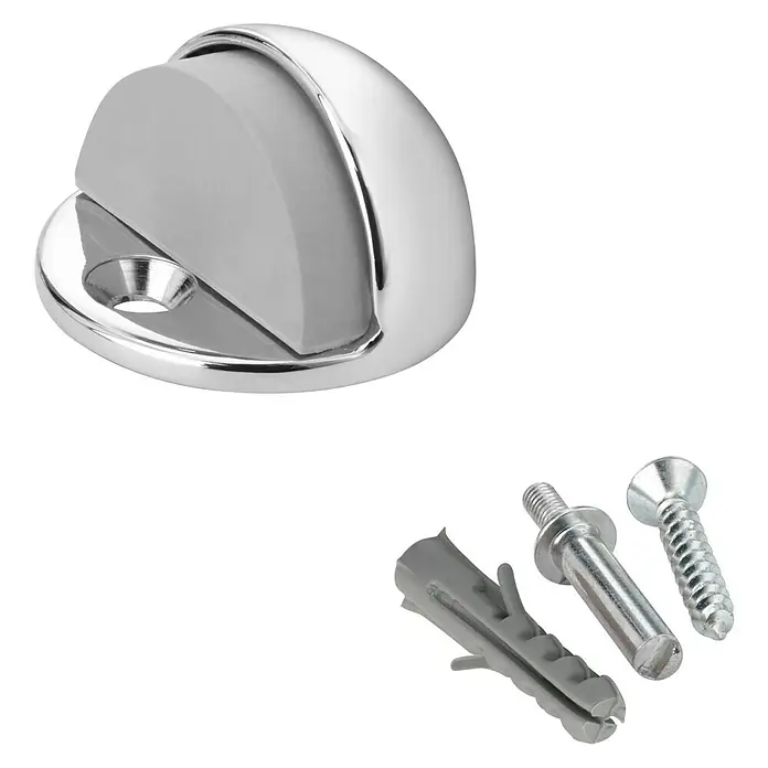 Inofix Tope de puerta 3049 - Metal, Cromo - Imagen de un tope de puerta cromado con material de montaje. El tope de puerta es semicircular y tiene un tope de goma gris.