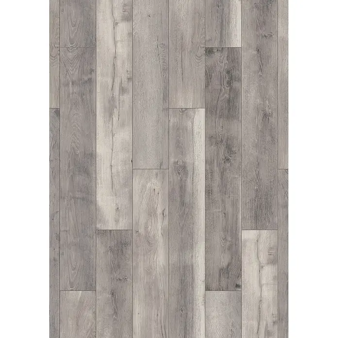 Krono Original Laminat Atlantic 8 - Blackwater Oak, Landhausdiele, 1.288 x 195 x 8 mm - Hellgrauer Dielenboden in Holzoptik mit sichtbarer Maserung und Fugen.