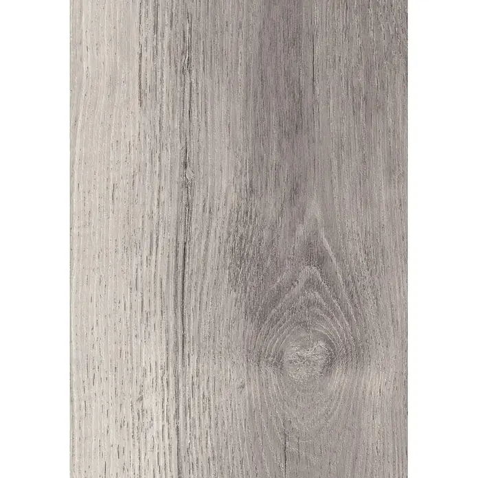 Krono Original Laminat Atlantic 8 - Blackwater Oak, Landhausdiele, 1.288 x 195 x 8 mm - Hellgraue Holzmaserung mit deutlicher vertikaler Struktur und sichtbarem Astmuster.