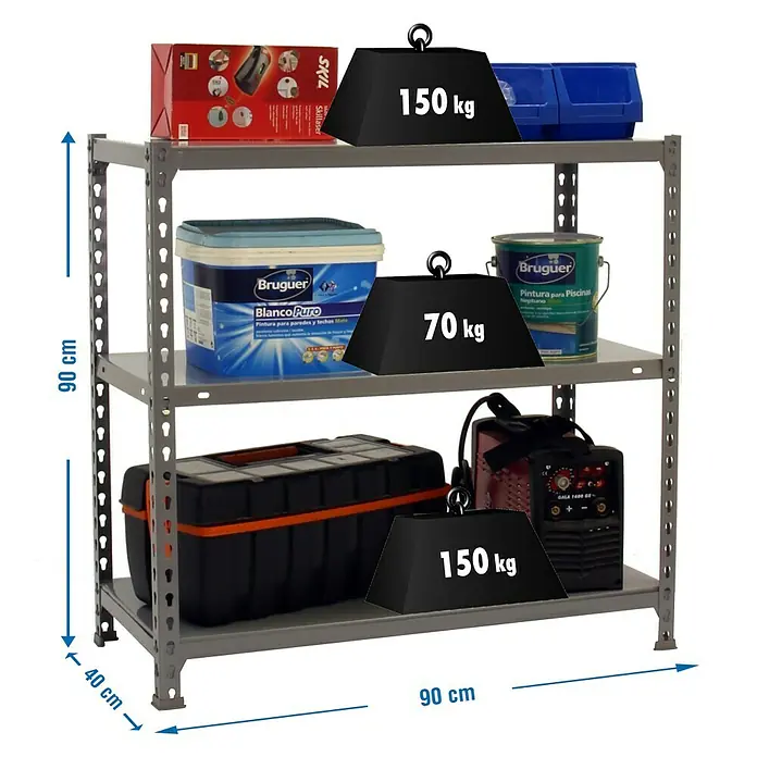 Simonrack Simonclick Metallregal Ecoclick - H x B x T: 90 x 90 x 40 cm, Traglast pro Boden: 70 kg, Anzahl Böden: 3 Stk., Stecken, Grau - Abbildung eines grauen Metallregals mit drei Regalböden, beladen mit Werkzeugen und Farbeimern, mit Gewichtsangaben.