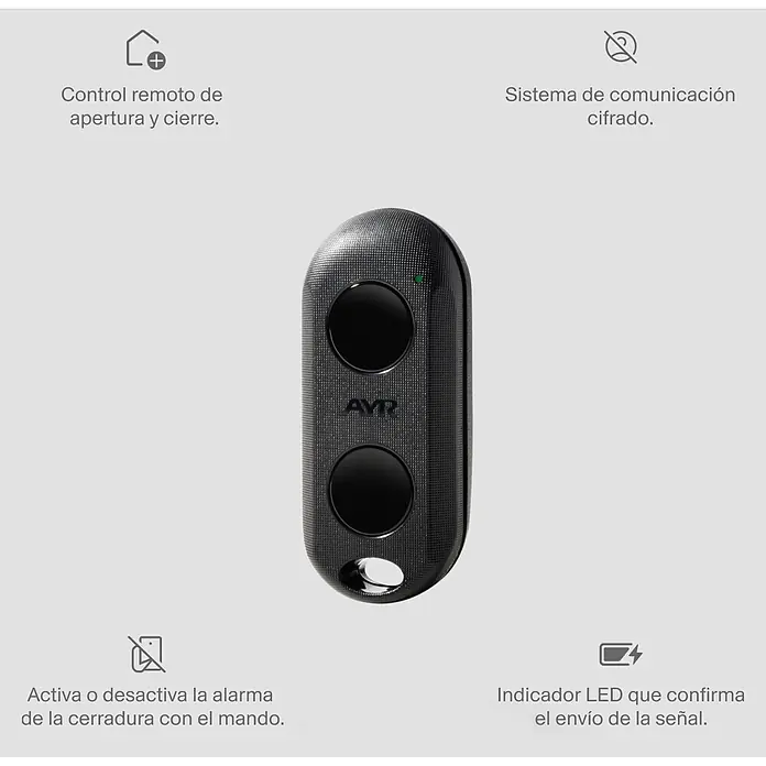 AYR Mando a distancia Key RF - Específico para: Cerraduras Lock RF de AYR, Negro - Mando a distancia negro texturizado con dos botones y LED, para funciones de apertura, cierre y alarma de cerradura.