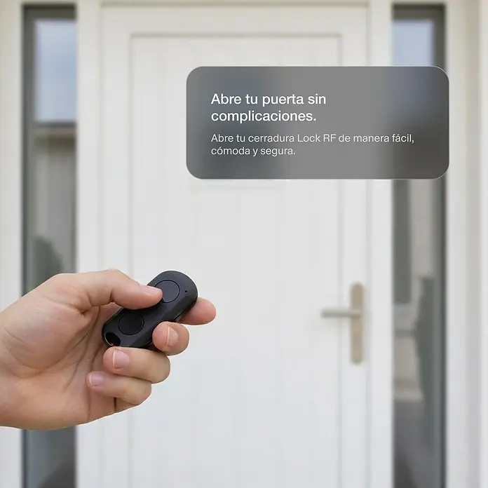 AYR Mando a distancia Key RF - Específico para: Cerraduras Lock RF de AYR, Negro - Mano sosteniendo un mando a distancia negro con dos botones, uno siendo presionado, para abrir una cerradura.