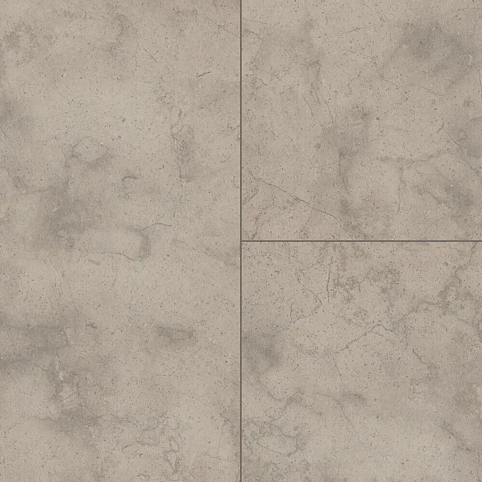 Krono Original Laminat Atlantic 8 - Dovetail Arosa, 638 x 330 x 8 mm - Hellgraue strukturierte Fliesen in Steinoptik mit dunklen Fugen.
