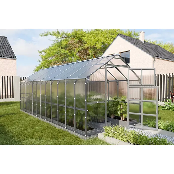 Klasika Greenhouses Gewächshaus Bernard Klasika - Außenmaß inkl. Dachüberstand (B x T): 235 x 600 cm, Material Seitenwand: Kunststoff, 6 mm, Silbergrau - Großes Garten-Gewächshaus mit grauem Metallrahmen und lichtdurchlässigen Wellplatten, Pflanzen im Inneren. Eine Tür ist geöffnet.