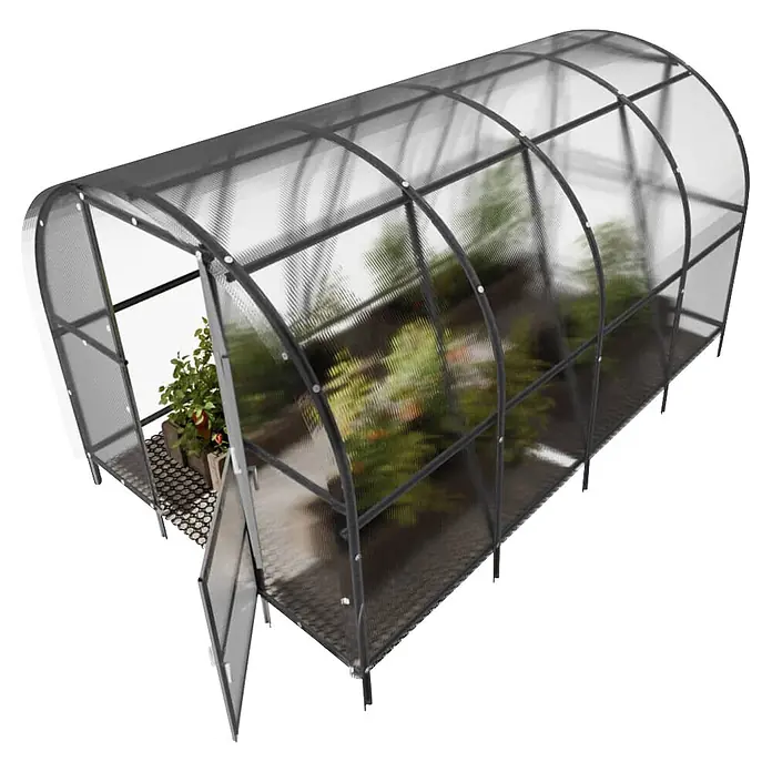 Klasika Greenhouses Gewächshaus Baltic Lt Klasika - Außenmaß inkl. Dachüberstand (B x T): 300 x 400 cm, Material Seitenwand: Kunststoff, 4 mm, Silbergrau - Dunkel gerahmtes Bogengewächshaus mit transparenten Platten und offener Tür, voller Pflanzen.