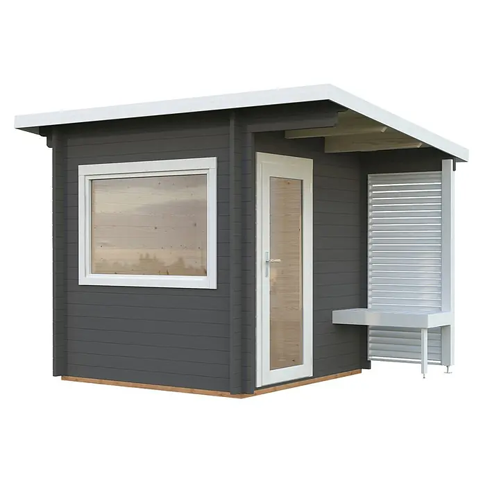 Palmako Saunahaus Sanna - Ohne Ofen, Dunklegrau/Weiß, L x B x H: 249 x 342 x 249 cm - Dunkelgraues Holzgartenhaus mit weißer Verkleidung, Tür und Fenster. Mit integrierter weißer Lattenbank und flachem weißem Dach.