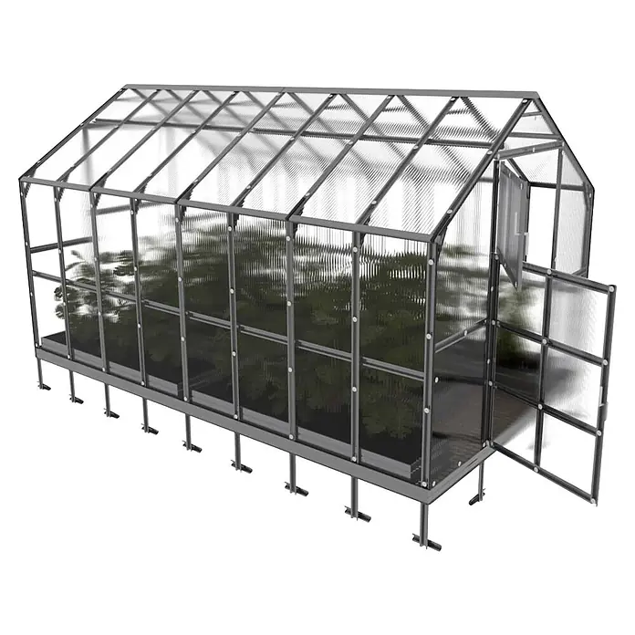 Klasika Greenhouses Gewächshaus House Klasika - Außenmaß inkl. Dachüberstand (B x T): 235 x 412 cm, Material Seitenwand: Kunststoff, 6 mm, Silbergrau - Transparentes Gewächshaus mit grauem Metallrahmen, offener Tür und Pflanzen innen.
