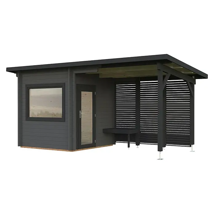Palmako Saunahaus Sanna - Ohne Ofen, Anthrazit, L x B x H: 267 x 547 x 249 cm - Dunkelgraues Gartenhaus aus Holz mit überdachter Veranda, integriertem Fenster und Glastür.