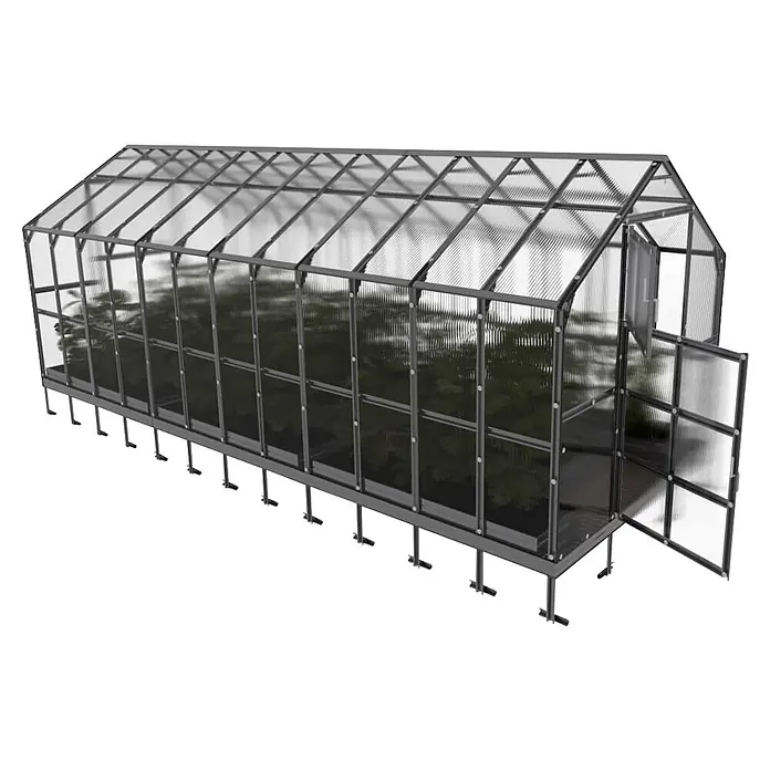 Klasika Greenhouses Gewächshaus Bernard Klasika - Außenmaß inkl. Dachüberstand (B x T): 235 x 600 cm, Material Seitenwand: Kunststoff, 6 mm, Silbergrau - Gewächshaus mit Metallrahmen, transparenten Paneelen, offener Tür und sichtbaren Pflanzen, mit Bodenankern.