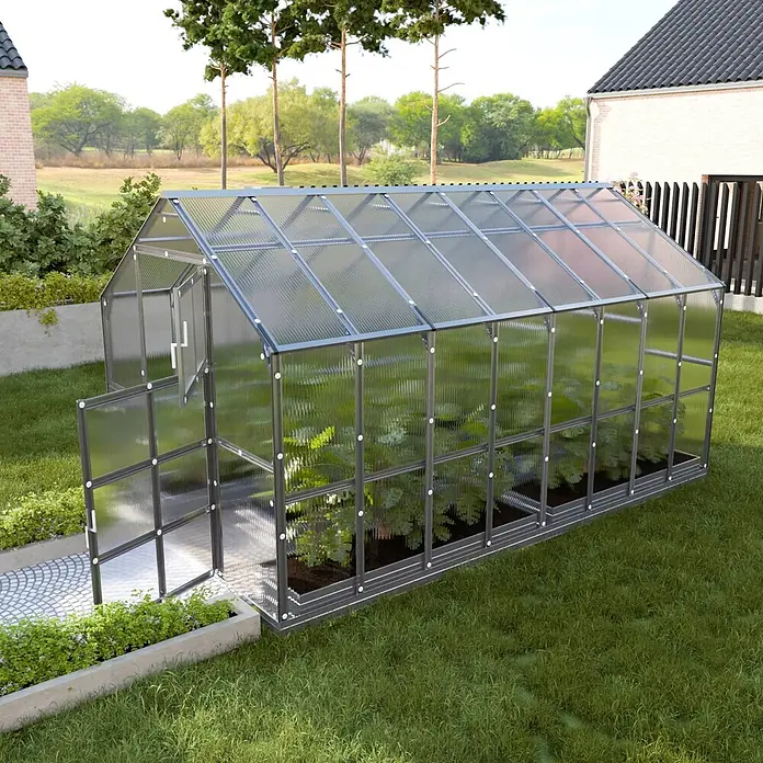 Klasika Greenhouses Gewächshaus House Klasika - Außenmaß inkl. Dachüberstand (B x T): 235 x 412 cm, Material Seitenwand: Kunststoff, 6 mm, Silbergrau - Großes Giebelgewächshaus mit transparenten Polycarbonatplatten und dunklem Metallrahmen.
