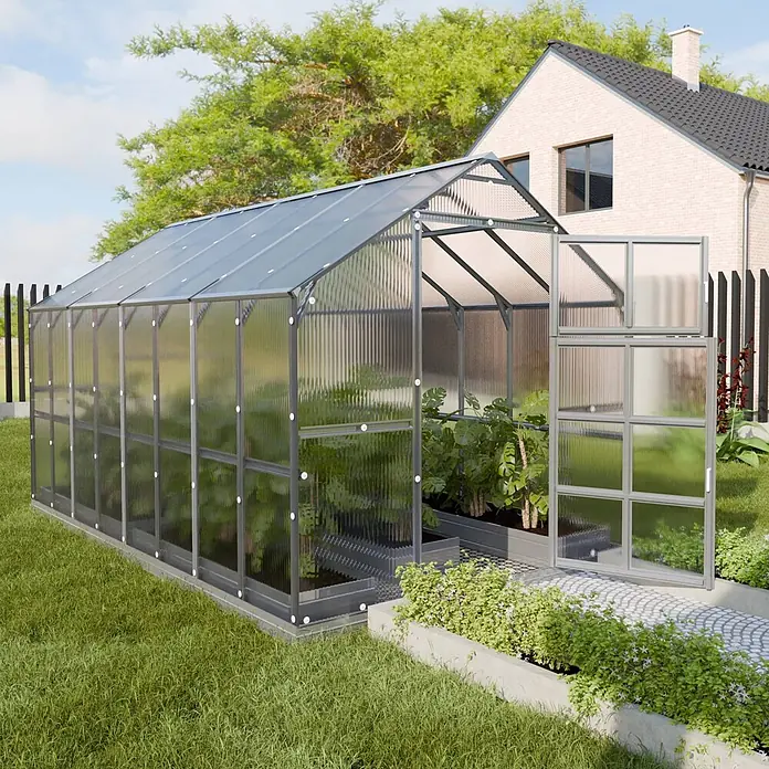 Klasika Greenhouses Gewächshaus House Klasika - Außenmaß inkl. Dachüberstand (B x T): 235 x 412 cm, Material Seitenwand: Kunststoff, 6 mm, Silbergrau - Großes Gewächshaus mit grauem Rahmen und transparenten Paneelen, offener Tür, in einem Garten mit Pflanzen.