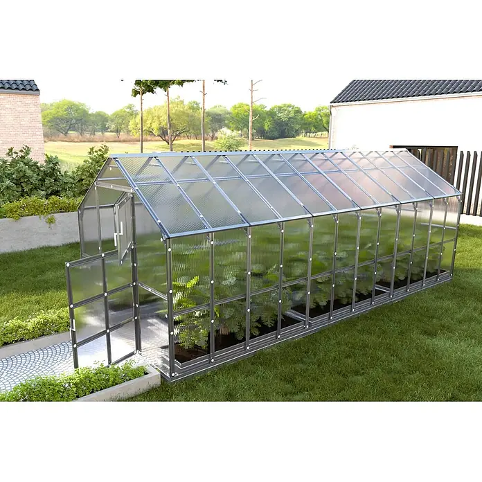 Klasika Greenhouses Gewächshaus Bernard Klasika - Außenmaß inkl. Dachüberstand (B x T): 235 x 600 cm, Material Seitenwand: Kunststoff, 6 mm, Silbergrau - Großes Gewächshaus mit transparenten Platten und dunklem Rahmen, mit offener Tür und Pflanzen.