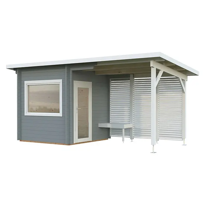 Palmako Saunahaus Sanna - Ohne Ofen, Hellgrau/Weiß, L x B x H: 267 x 547 x 249 cm - Graues Holzgartenhaus mit weiß gerahmtem Fenster und Tür, inklusive angebautem weißen Latten-Pavillon mit Bank.