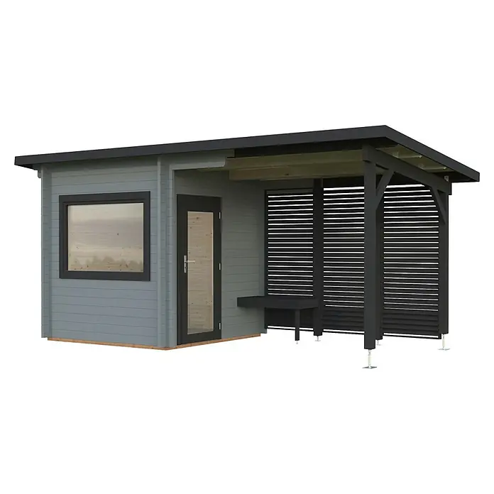 Palmako Saunahaus Sanna - Ohne Ofen, Hellgrau/Anthrazit, L x B x H: 267 x 547 x 249 cm - Hellgrauer Holz-Gartenschuppen mit dunkelgrauen Fenster-/Türrahmen und integrierter Pergola mit Lamellenwand.