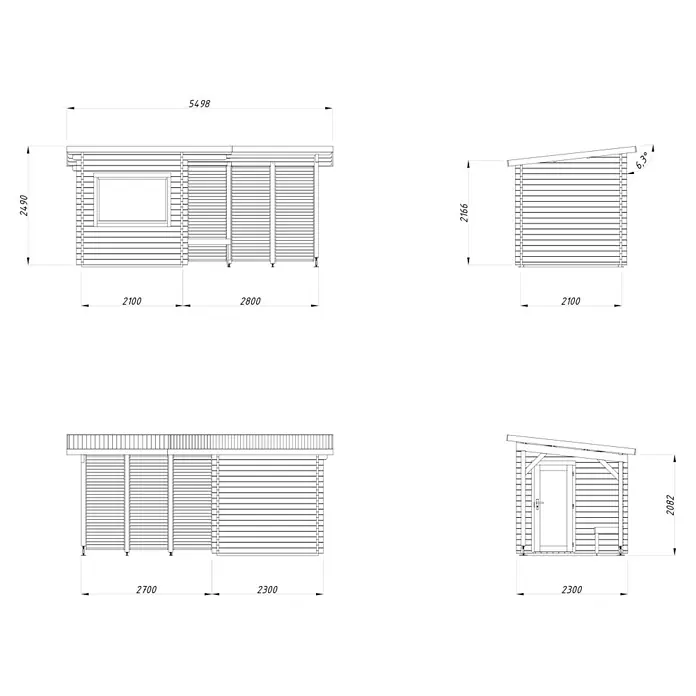 Palmako Saunahaus Sanna - Ohne Ofen, Anthrazit, L x B x H: 267 x 547 x 249 cm - Architektonische Zeichnungen eines Holzgartenhauses mit Pultdach, Vorder-, Seiten- und Rückansicht mit Maßen.