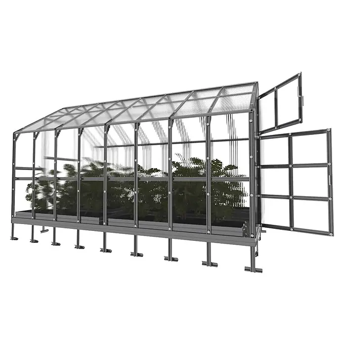 Klasika Greenhouses Gewächshaus House Klasika - Außenmaß inkl. Dachüberstand (B x T): 235 x 412 cm, Material Seitenwand: Kunststoff, 6 mm, Silbergrau - Erhöhtes Gewächshaus mit grauem Rahmen und transparenten Paneelen, Pflanzen enthaltend, mit offener Tür und Dachluke.