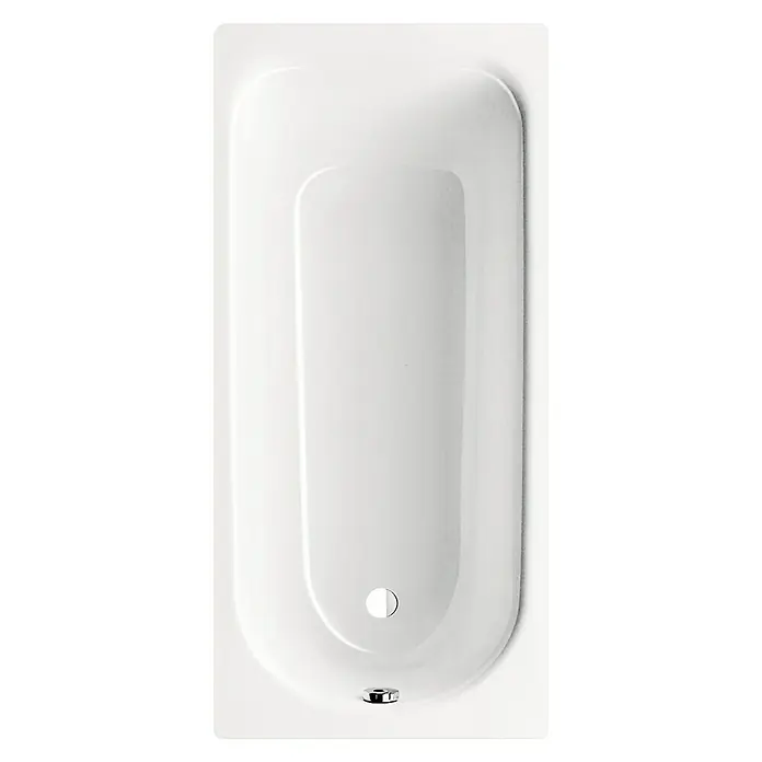 Kaldewei Badewanne Saniform Plus 361-1 - 150 x 70 cm, Stahl-Email, Alpinweiß - Blick von oben auf eine strahlend weiße Badewanne mit glänzender Oberfläche und verchromtem Abfluss.