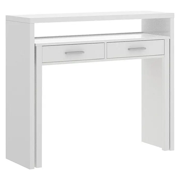 Dekit Mesa de escritorio extensible Seven - L x An x Al: 36 x 99 x 88 cm, Blanco - Consola blanca con dos cajones y un estante flotante, ideal para una entrada moderna o un salón.