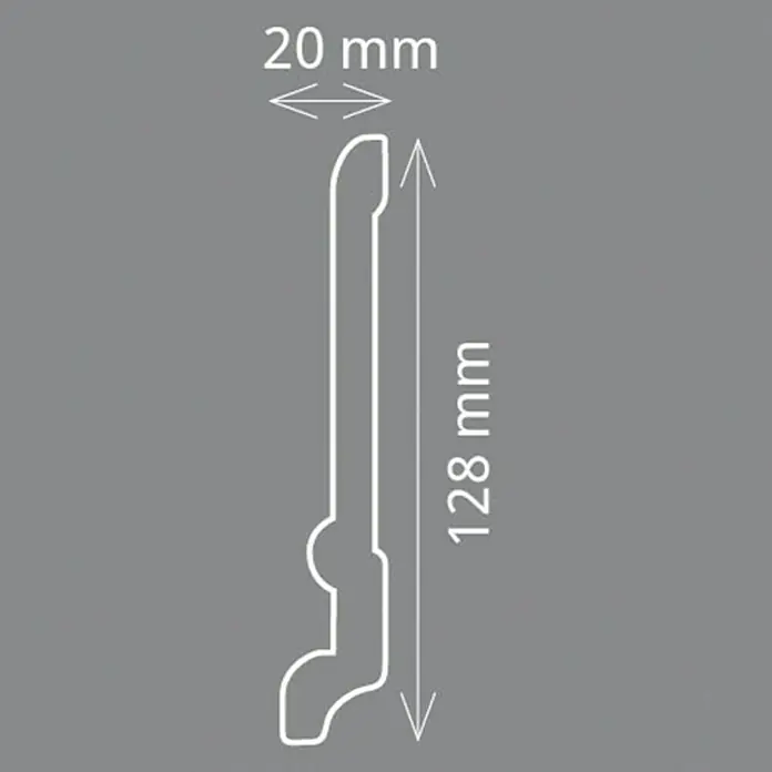 Fußleiste CF 13 - 200 x 2 x 12,8 cm, Extrudiertes HD-Polymer - Detailzeichnung einer Sockelleiste mit den Maßen 20 mm Breite und 128 mm Höhe. Perfekt für Renovierungs- und Bauprojekte.