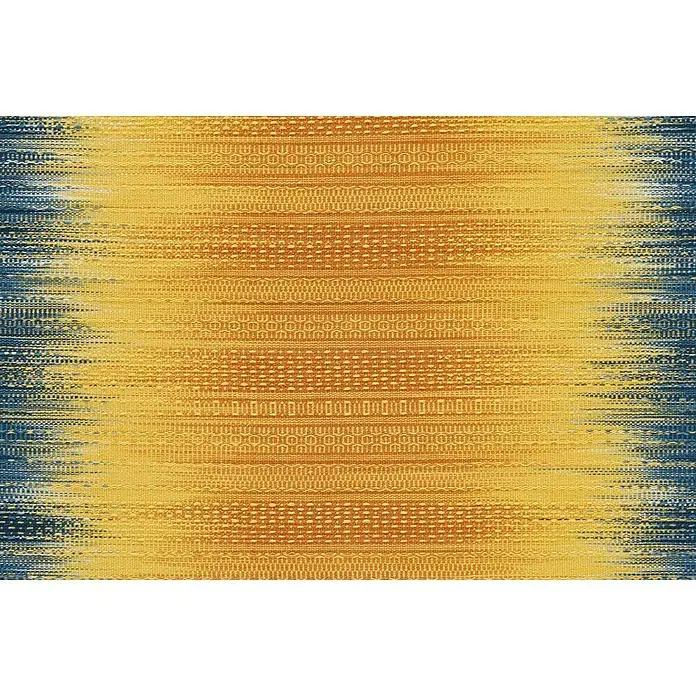 Kayoom Wollteppich Sunset - Gelb/Blau, 180 x 120 cm, 80 % Neuseeland-Wolle, 20 % Baumwolle - Detailansicht eines gelb-blauen Teppichs mit geometrischen Mustern. Der Teppich zeigt eine raffinierte Webstruktur und lebendige Farben.