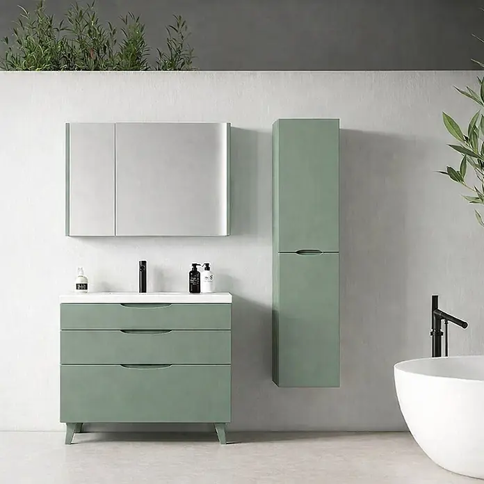 Armario colgante de baño de baño Turia - L x An x Al: 25 x 35 x 160 cm, Verde atlántico - Mueble de baño verde salvia con tres cajones y armario alto a juego, con lavabo blanco y mueble con espejo.