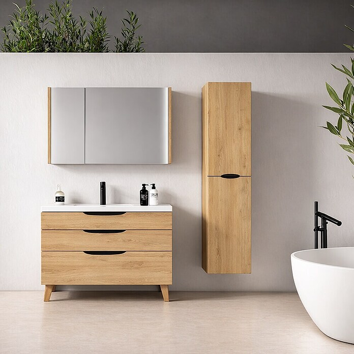 Armario alto de baño Turia (L x An x Al: 25 x 35 x 160 cm, Nogal y negro) | BAUHAUS