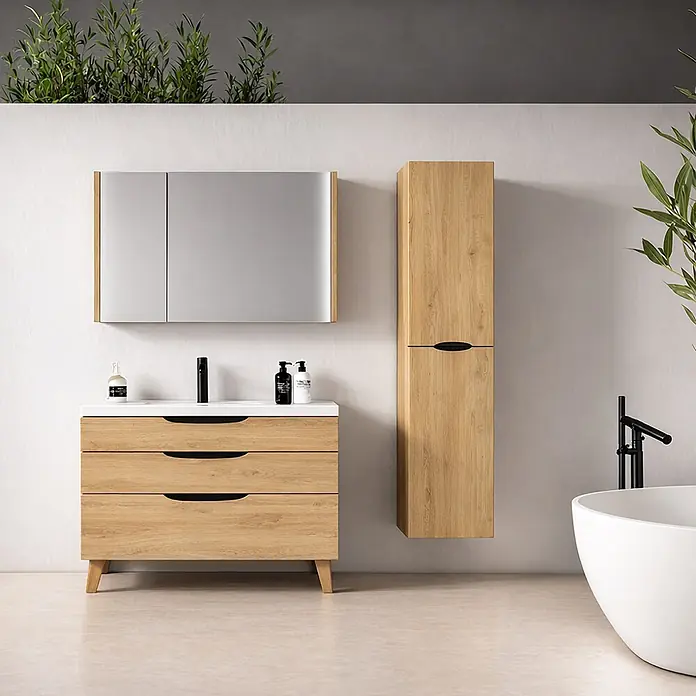 Armario colgante de baño de baño Turia - L x An x Al: 25 x 35 x 160 cm, Nogal y negro - Mueble de baño moderno de madera clara con lavabo, mueble espejo y mueble columna.