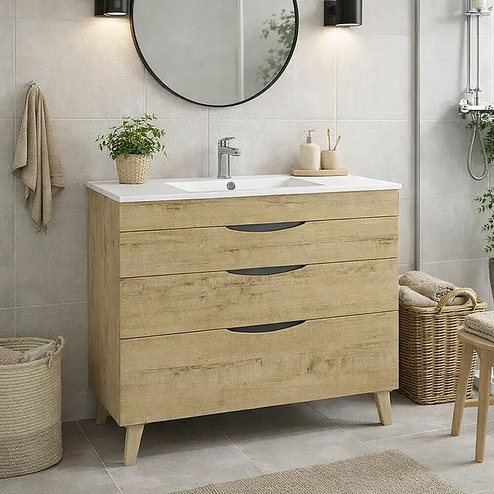 Mueble bajo de lavabo Turia - L x An x Al: 45 x 100 x 85 cm, Nogal y negro - Mueble de baño efecto madera clara con lavabo blanco integrado y tres cajones.
