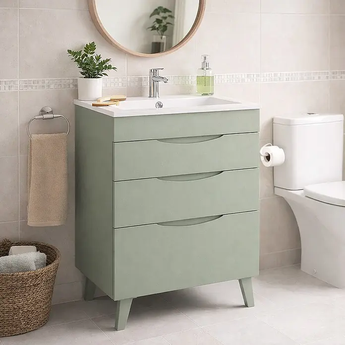 Mueble bajo de lavabo Turia - L x An x Al: 45 x 60 x 85 cm, Verde atlántico - Un mueble de baño verde claro con un lavabo blanco y tres cajones, sobre patas.