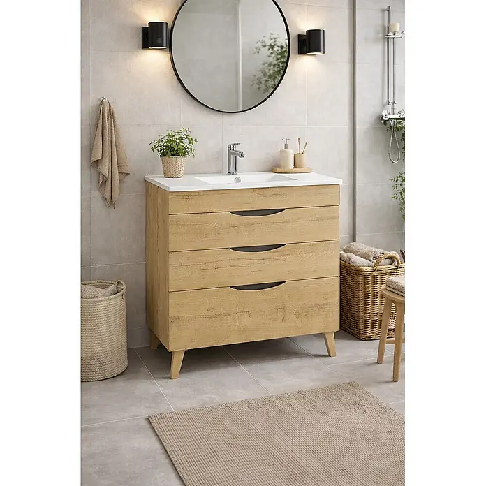 Mueble bajo de lavabo Turia - L x An x Al: 45 x 80 x 85 cm, Nogal y negro - Mueble de baño de madera clara con tres cajones, lavabo blanco integrado y tiradores negros.