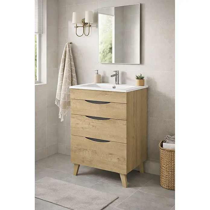 Mueble bajo de lavabo Turia - L x An x Al: 45 x 60 x 85 cm, Nogal y negro - Mueble de baño de madera clara con lavabo blanco integrado, tres cajones con tiradores curvos y patas cónicas.