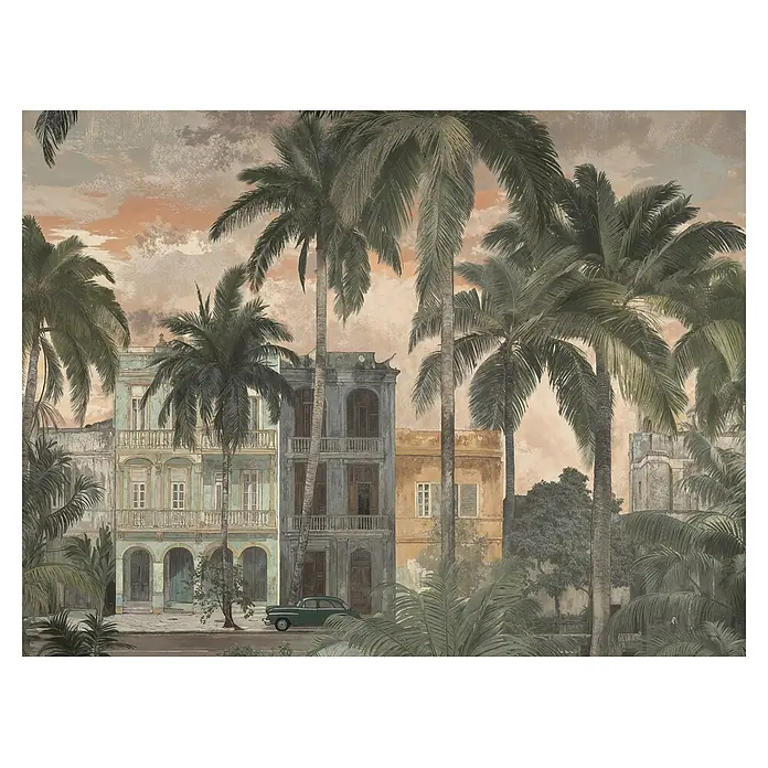 A.S. Création Cuba 2 Fototapete Palmen II - B x H: 3,71 x 2,8 m, Vlies - Künstlerisches Wandbild einer Tropenstraße mit farbigen Gebäuden, Palmen und Oldtimer unter warmem Himmel.