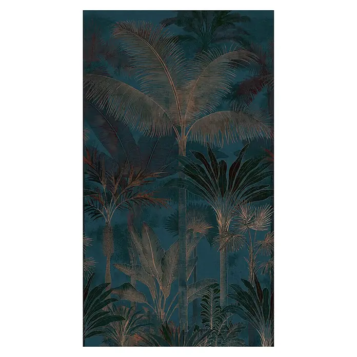 A.S. Création Cuba 2 Fototapete Palme I - B x H: 1,59 x 2,8 m, Vlies, Blau-Braun - Dunkelblaugrüne tropische Tapete mit metallischen Palmen und Blättern.