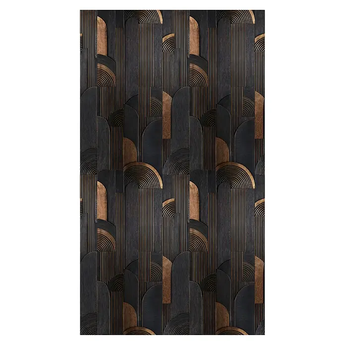 A.S. Création Metropolitan Stories Vibes & Styles Fototapete Artdeco III - B x H: 1,59 x 2,8 m, Vlies - Dekoratives Wandpaneel aus dunklem Holz und Bronze mit geometrischen Bögen und Streifen.