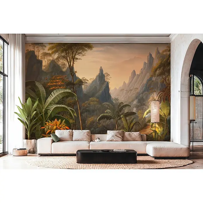 A.S. Création Cuba 2 Fototapete Natur - B x H: 3,71 x 2,8 m, Vlies - Großes cremefarbenes Ecksofa mit schwarzem Sockel in einem Wohnzimmer, eine Katze liegt darauf.