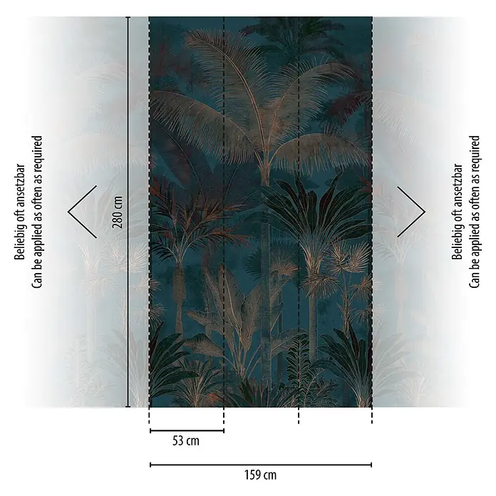 A.S. Création Cuba 2 Fototapete Palme I - B x H: 1,59 x 2,8 m, Vlies, Blau-Braun - Tropische Palmenblatt-Tapete in Dunkelblau und Kupfer, 280cm hoch, mit einem 53cm rapport, gezeigt 159cm breit.