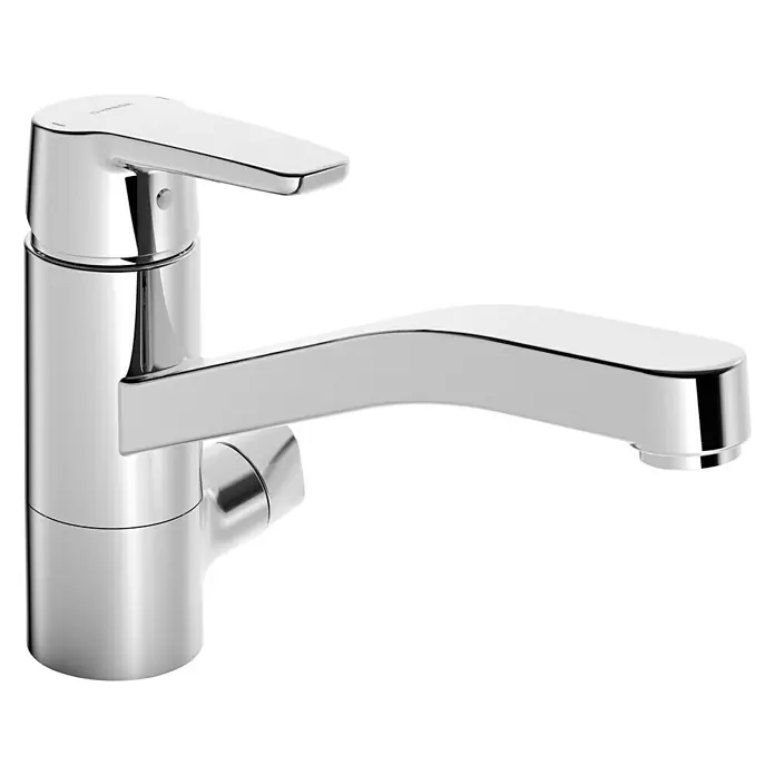 Hansa Polo Spültischarmatur 2 - Chrom, Glänzend - Nahaufnahme eines glänzenden Chrom-Wasserhahns mit einem schlanken, modernen Design, perfekt für jedes Badezimmer oder jede Küche.